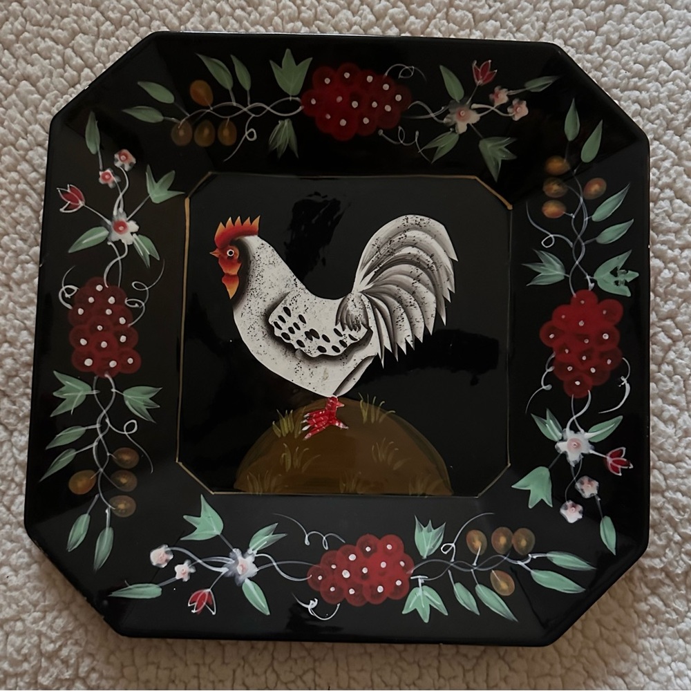 Vintage 90’s Classic Solutions Hand painted Rooster Floral Design Ceramic Plate